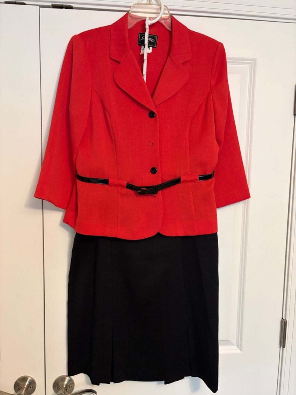 Coral Jacket and Black Skirt Two-Piece Suit